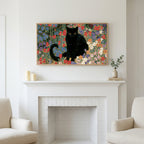 Black cat garden art above a white fireplace with candles and eucalyptus on the mantel