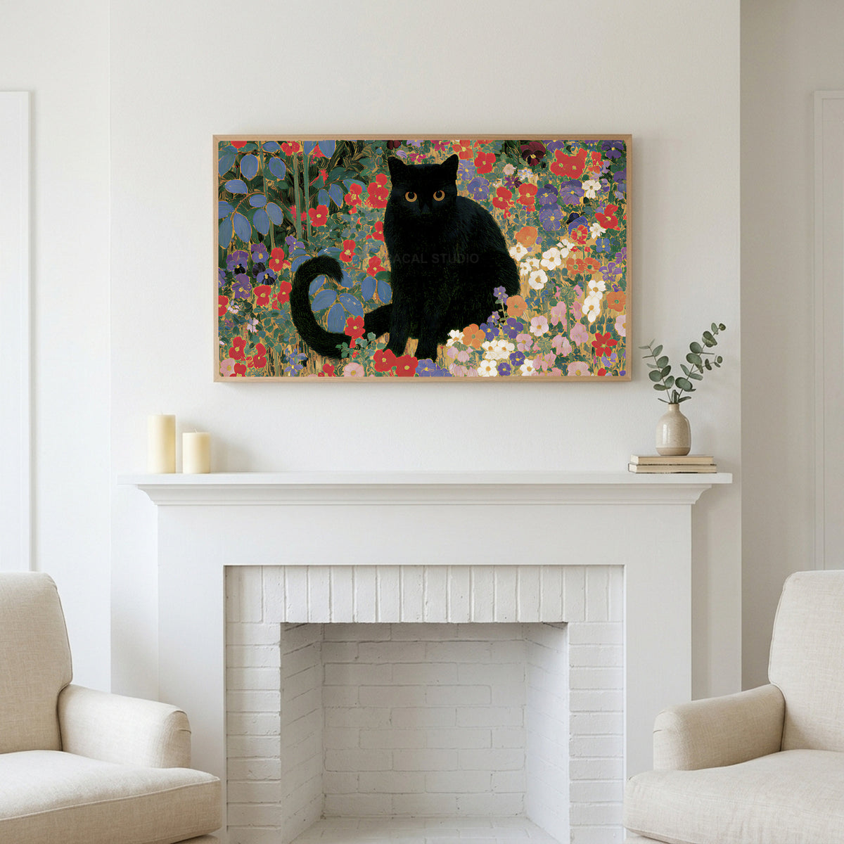 Black cat garden art above a white fireplace with candles and eucalyptus on the mantel
