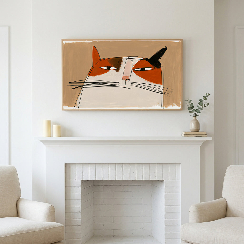 Calico cat face art above a white fireplace with candles and eucalyptus on the mantel