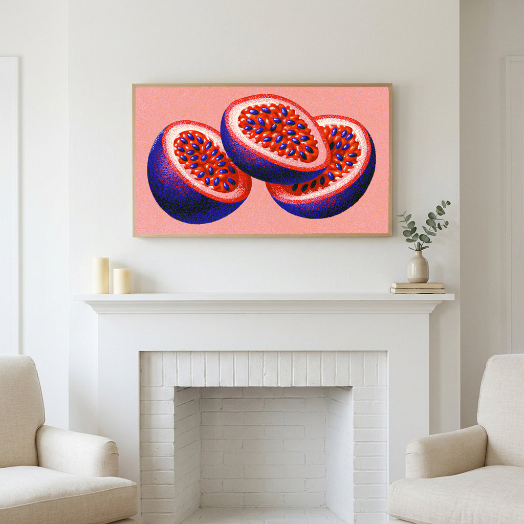 Passion fruit art above a white fireplace with candles and eucalyptus on the mantel