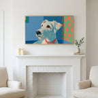 Terrier portrait art above a white fireplace with candles and eucalyptus on the mantel