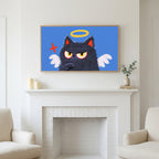Frame TV art above a white fireplace with candles and eucalyptus on the mantel