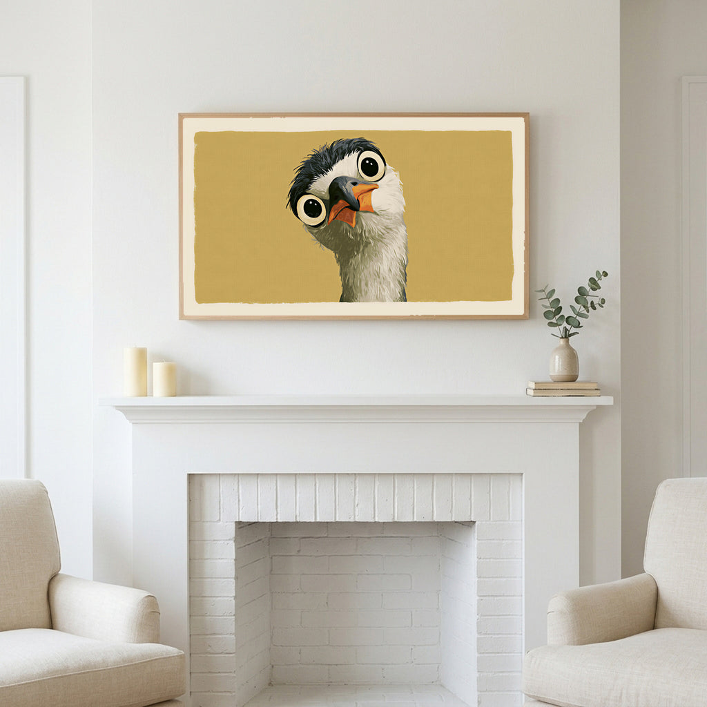 Funny heron art above a white fireplace with candles and eucalyptus on the mantel