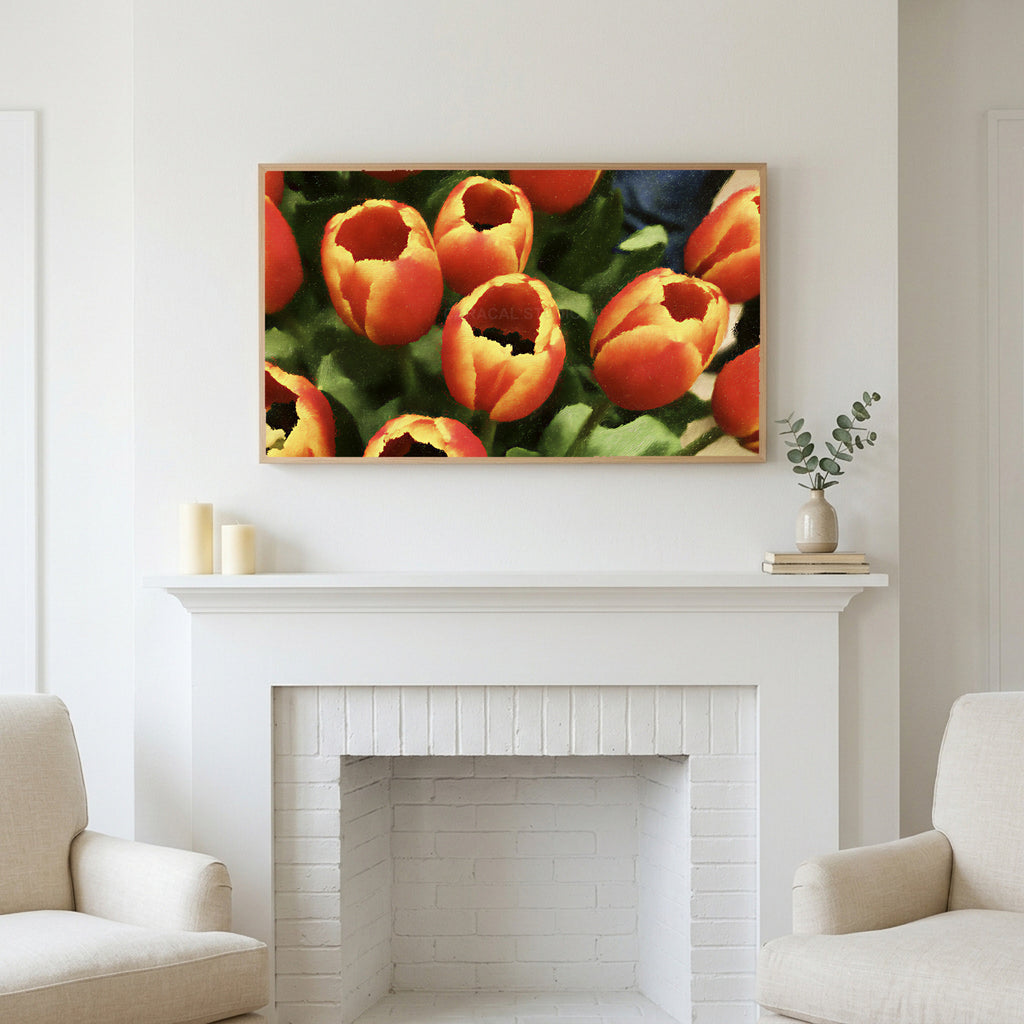 Orange tulip bouquet art above a white fireplace with candles and eucalyptus on the mantel
