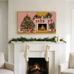 Tree and fireplace art on a TV above a white fireplace with a pine garland and cream stockings