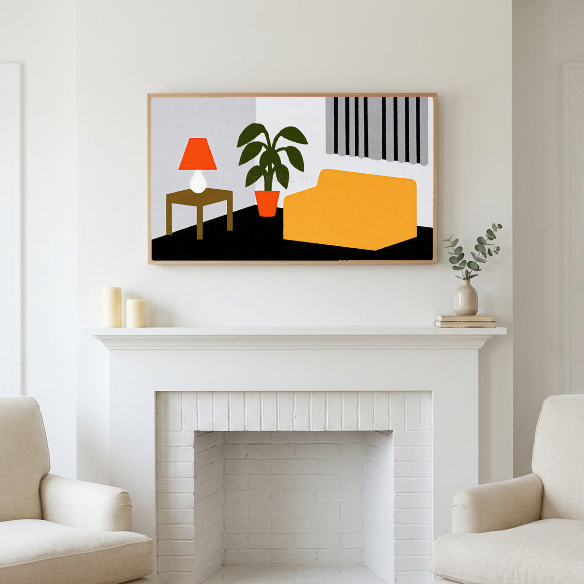 Mid century room art above a white fireplace with candles and eucalyptus on the mantel