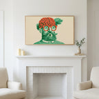 Brain and glasses portrait art above a white fireplace with candles and eucalyptus on the mantel