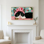 Frame TV art above a white fireplace with candles and eucalyptus on the mantel