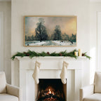 Snowy New York park art on a TV above a white fireplace with a pine garland and cream stockings