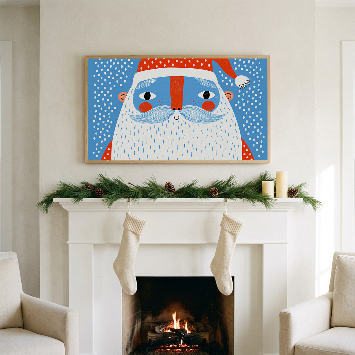 Santa face art on a TV above a white fireplace with a pine garland and cream stockings