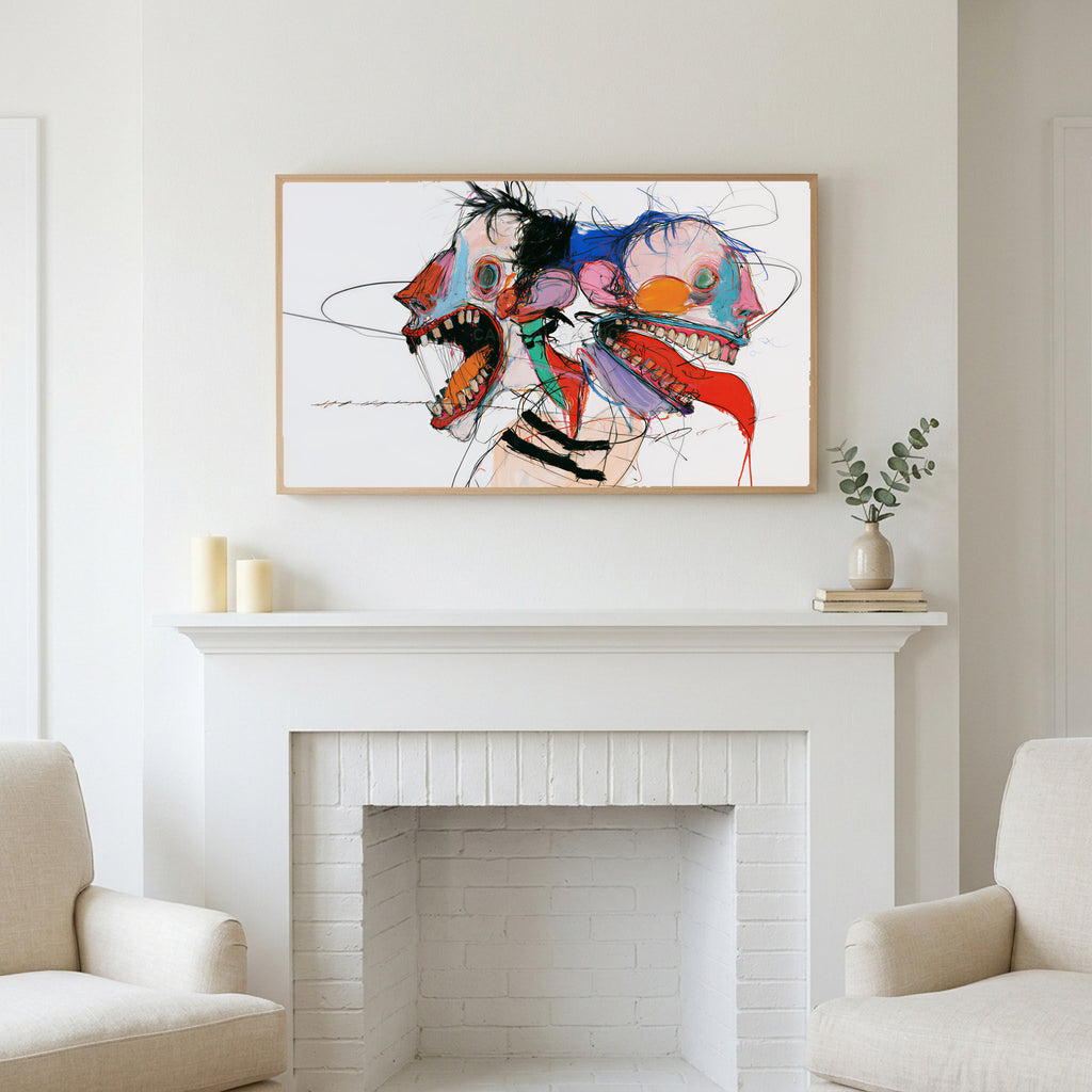 Frame TV art above a white fireplace with candles and eucalyptus on the mantel
