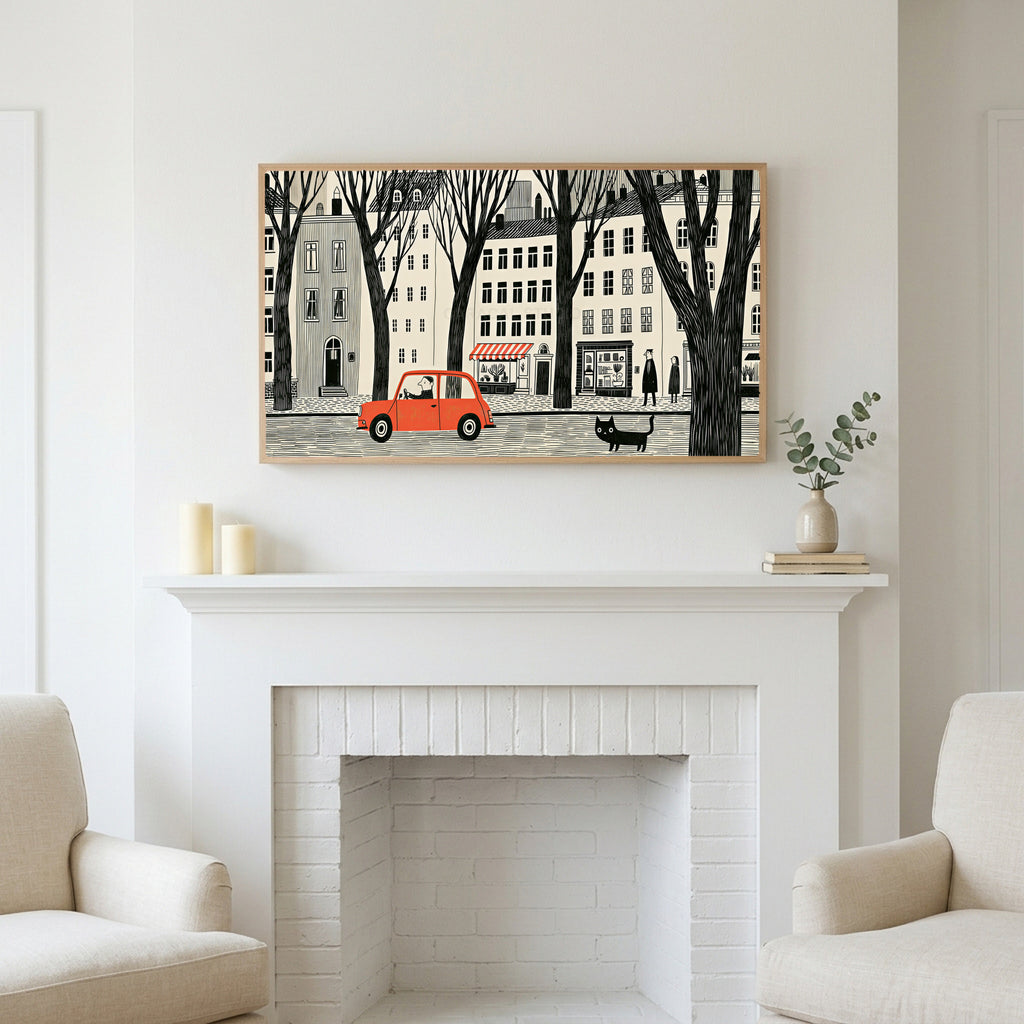 City street art above a white fireplace with candles and eucalyptus on the mantel