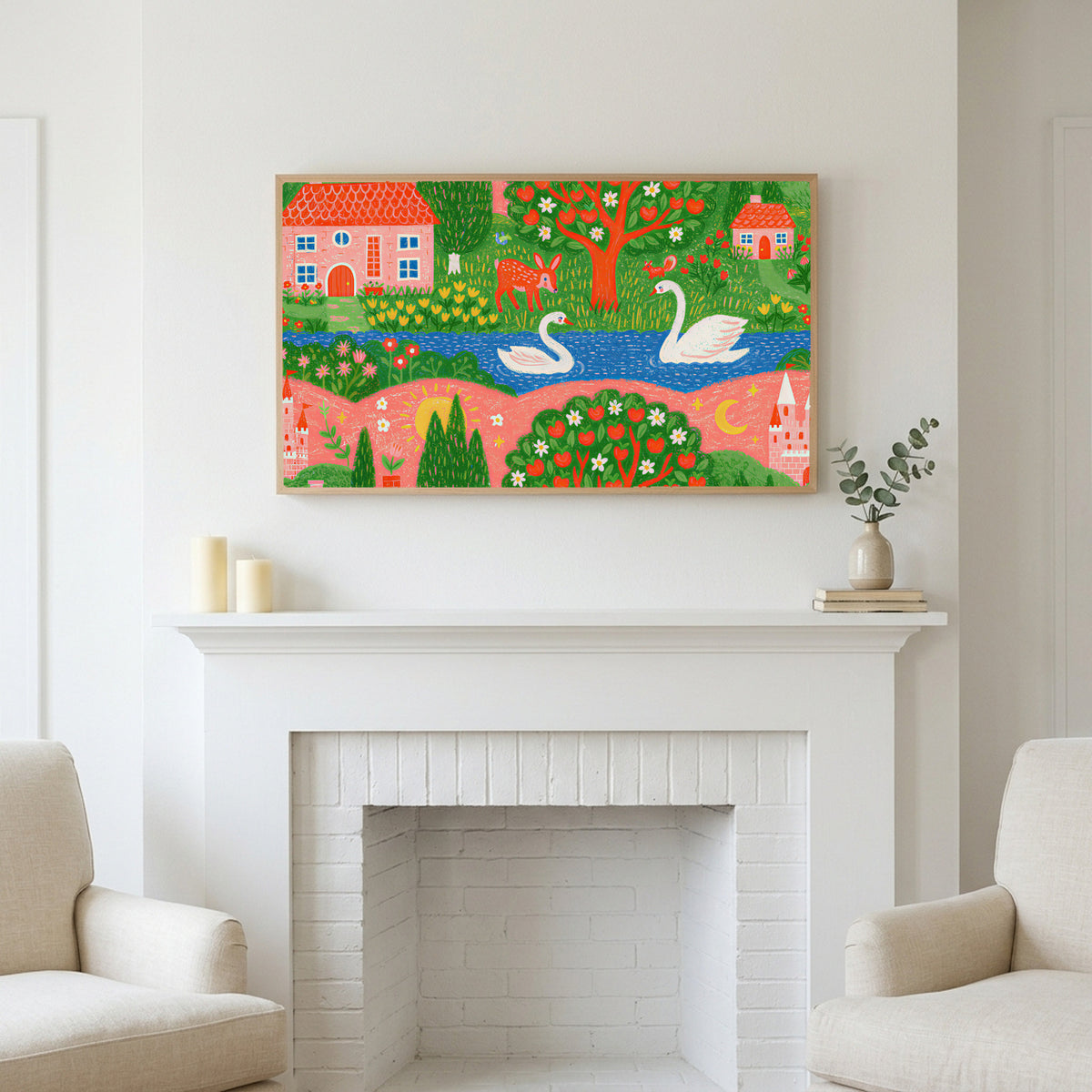 Frame TV art above a white fireplace with candles and eucalyptus on the mantel