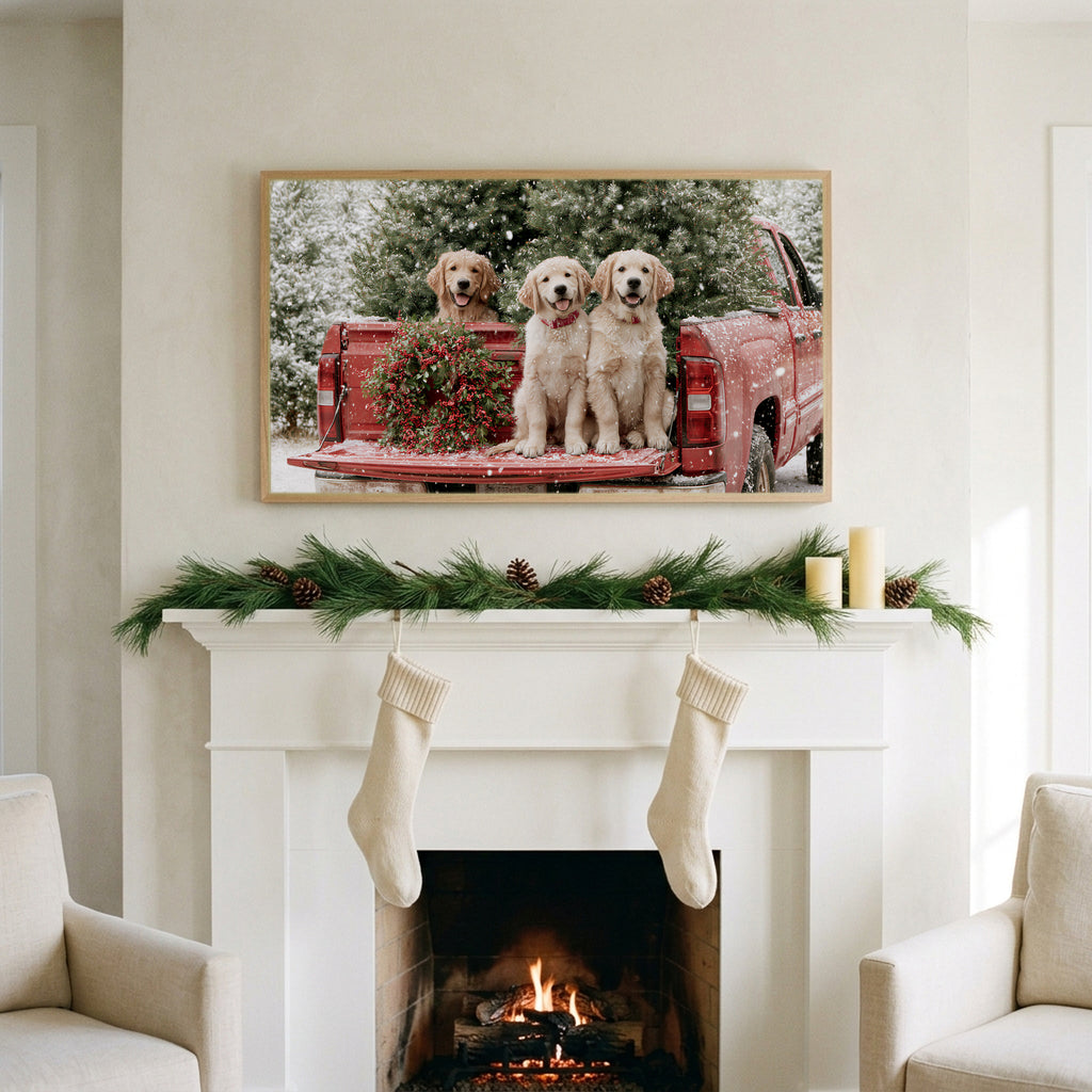 Christmas puppies art on a TV above a white fireplace with a pine garland and cream stockings