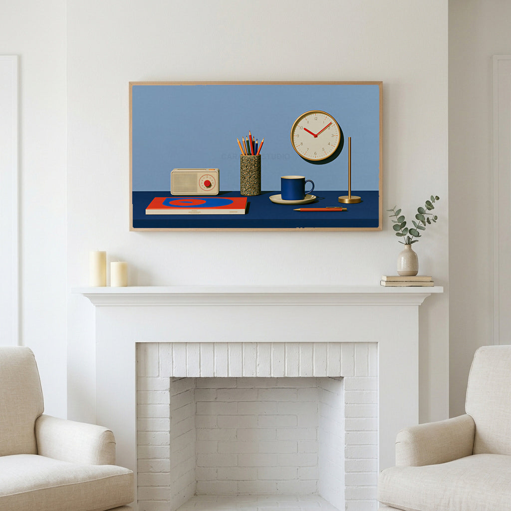 Retro desk, radio and clock art above a white fireplace with candles and eucalyptus on the mantel