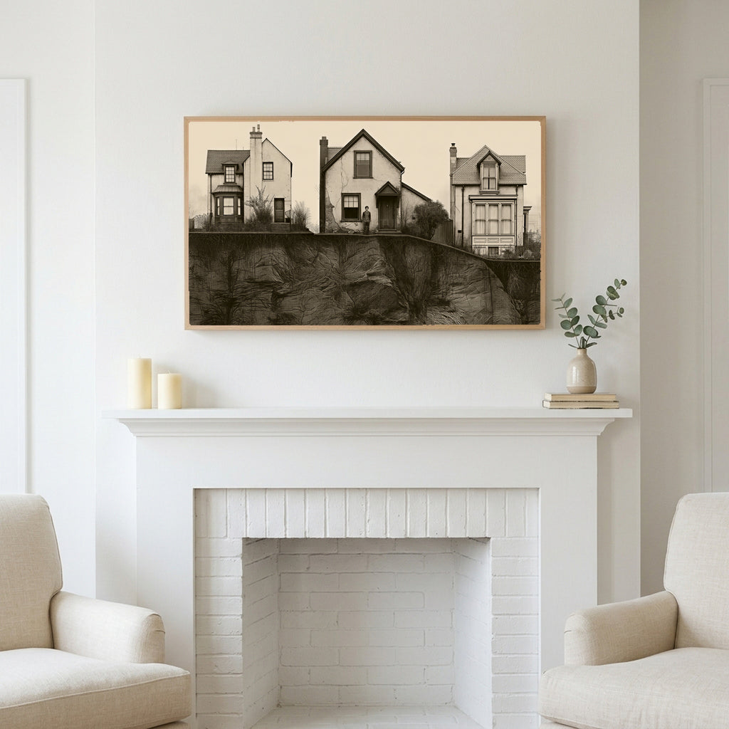 Three houses art above a white fireplace with candles and eucalyptus on the mantel