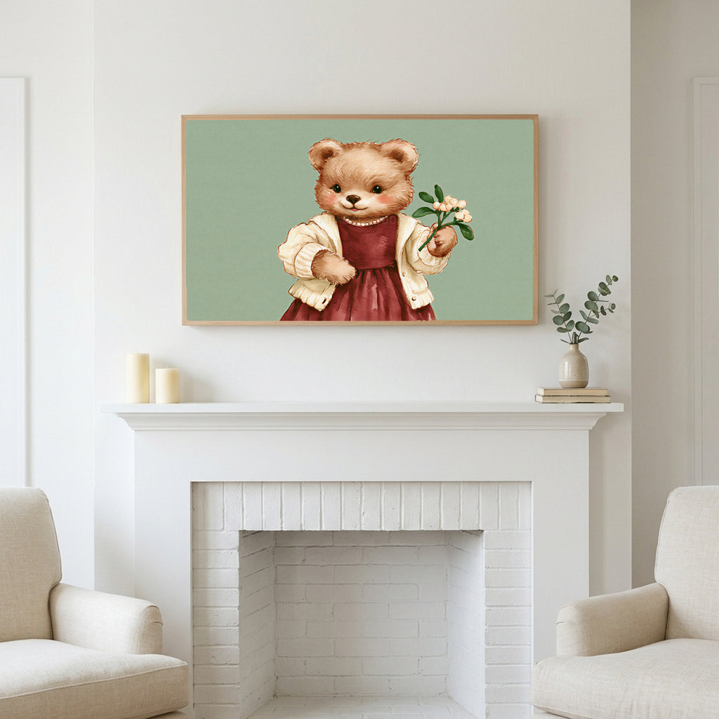 Teddy bear art above a white fireplace with candles and eucalyptus on the mantel
