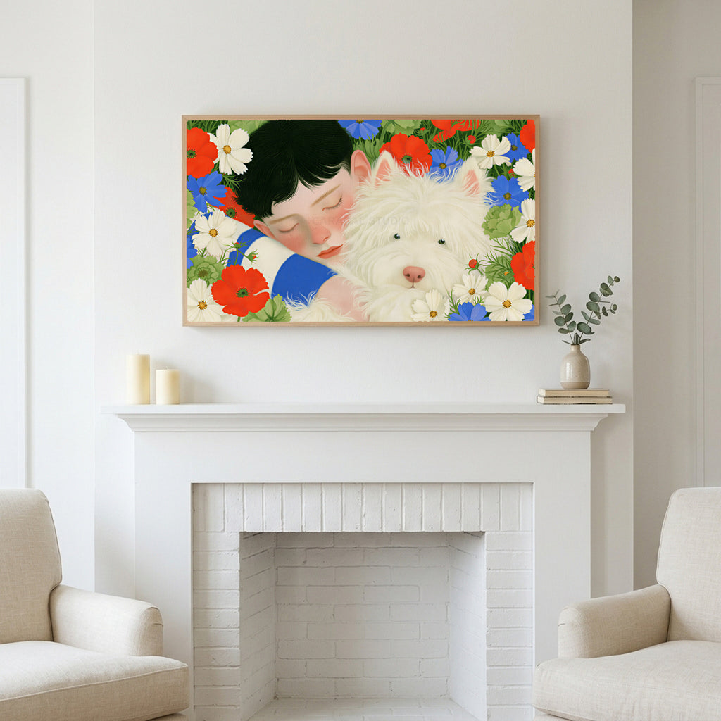 Frame TV art above a white fireplace with candles and eucalyptus on the mantel