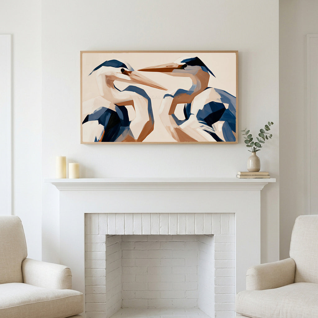 Frame TV art above a white fireplace with candles and eucalyptus on the mantel