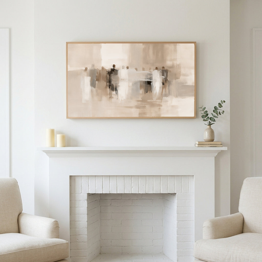 Neutral abstract figures art above a white fireplace with candles and eucalyptus on the mantel