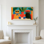 Funny cafe cats art above a white fireplace with candles and eucalyptus on the mantel
