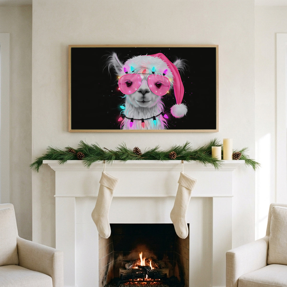 Llama in a Santa hat art on a TV above a white fireplace with a pine garland and cream stockings