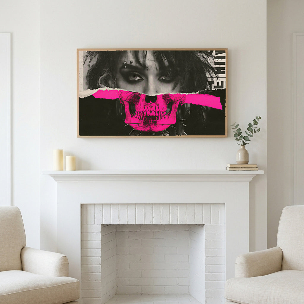 Punk skull portrait art above a white fireplace with candles and eucalyptus on the mantel