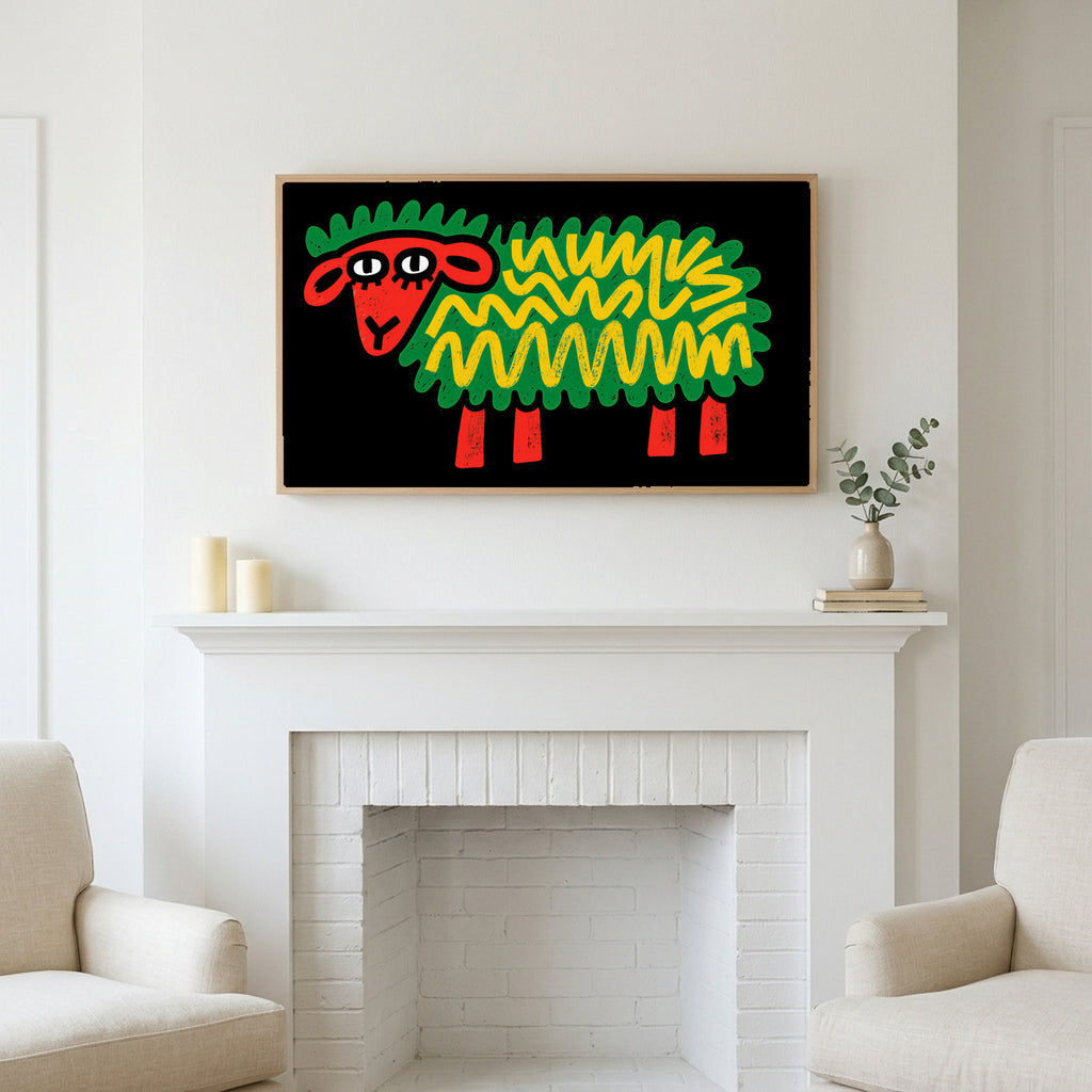 Pop art sheep art above a white fireplace with candles and eucalyptus on the mantel