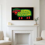 Pop art sheep art above a white fireplace with candles and eucalyptus on the mantel