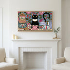 Frame TV art above a white fireplace with candles and eucalyptus on the mantel