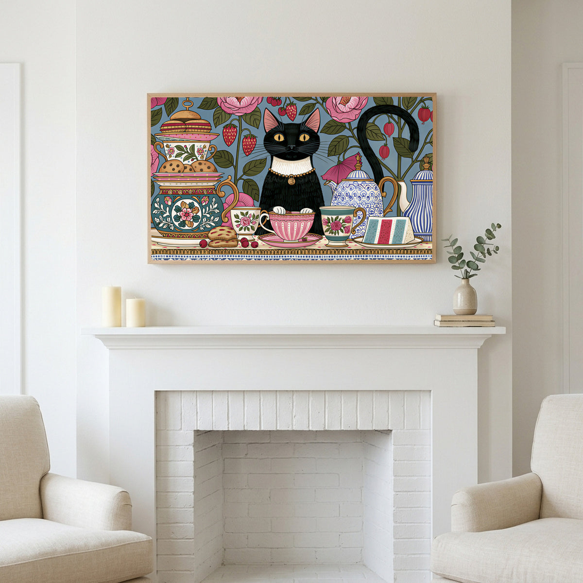 Frame TV art above a white fireplace with candles and eucalyptus on the mantel