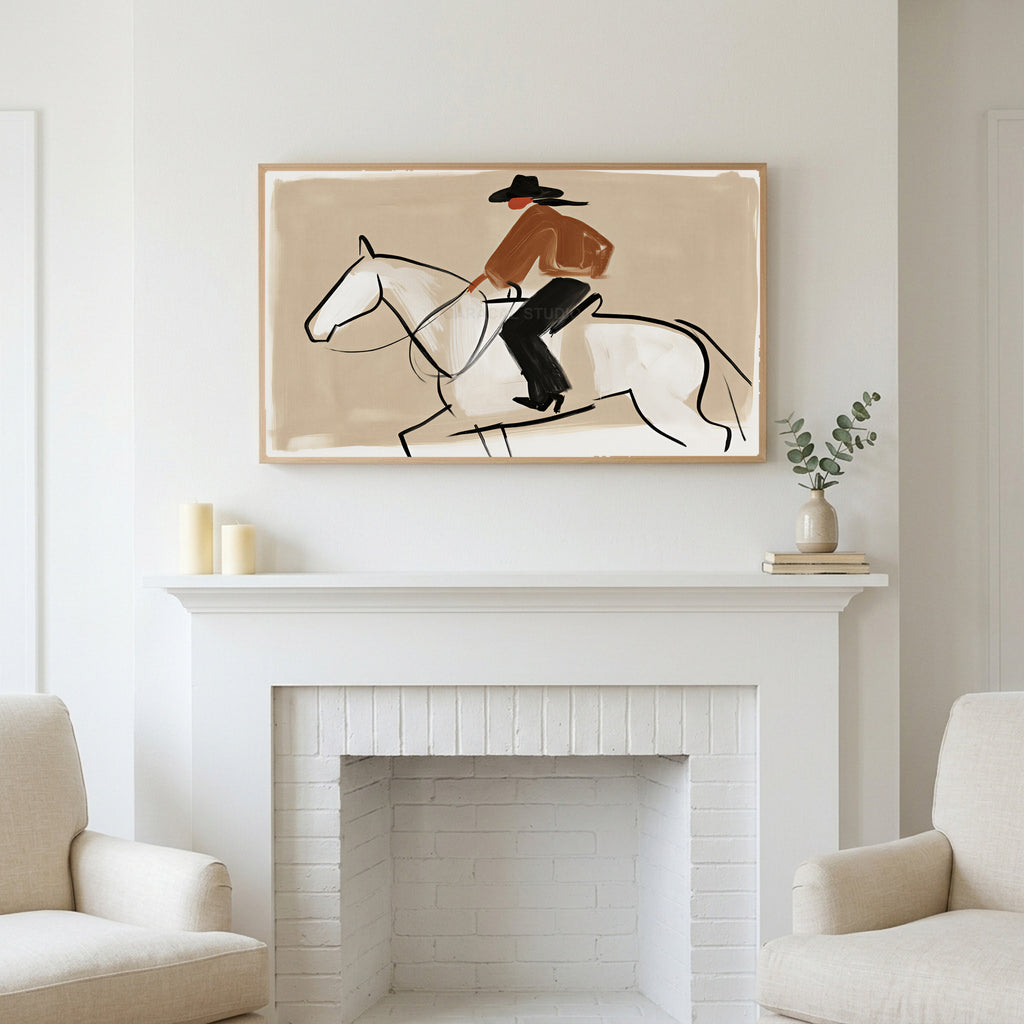Frame TV art above a white fireplace with candles and eucalyptus on the mantel