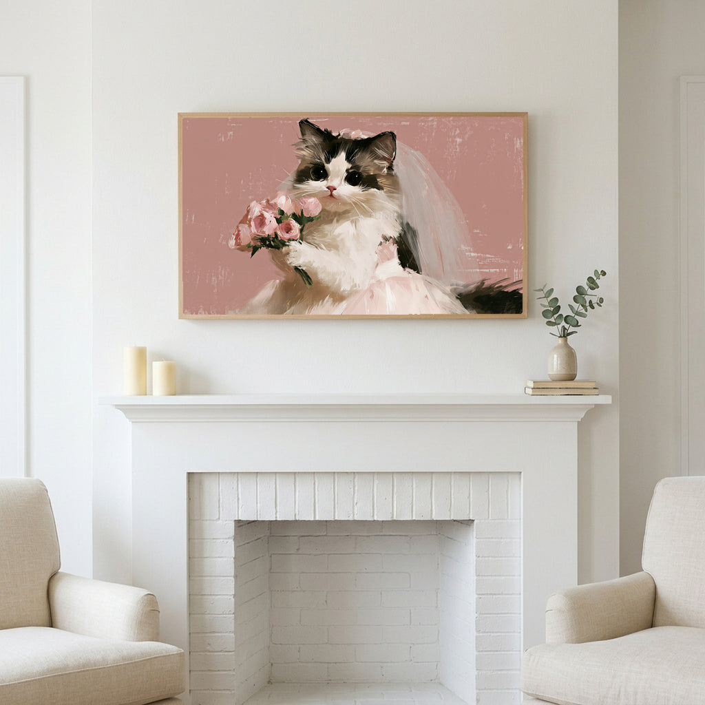Cat bride art above a white fireplace with candles and eucalyptus on the mantel
