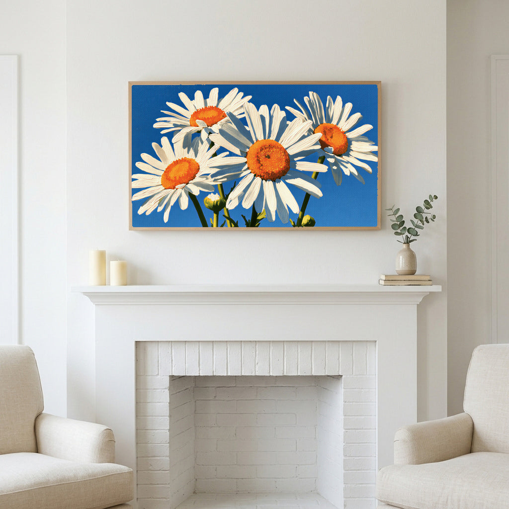 Daisy art above a white fireplace with candles and eucalyptus on the mantel
