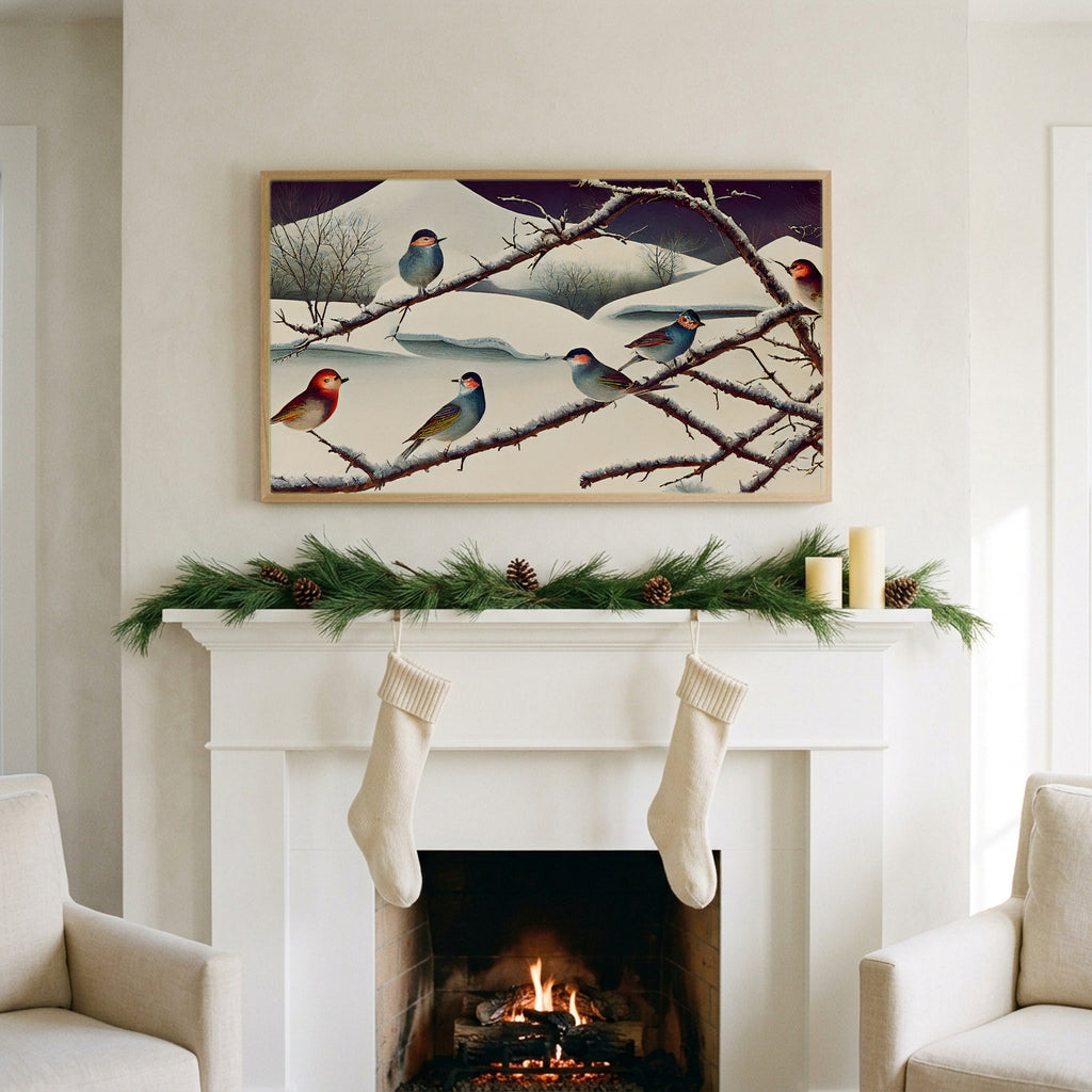Songbirds on snowy branches art on a TV above a white fireplace with a pine garland and cream stockings
