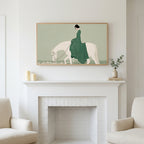 Frame TV art above a white fireplace with candles and eucalyptus on the mantel