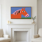 Naive horse art above a white fireplace with candles and eucalyptus on the mantel