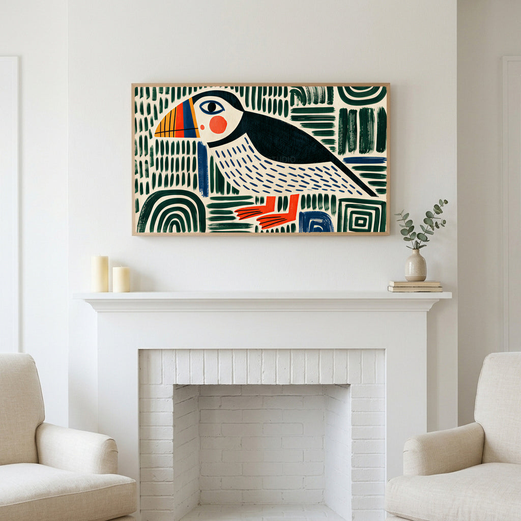 Frame TV art above a white fireplace with candles and eucalyptus on the mantel