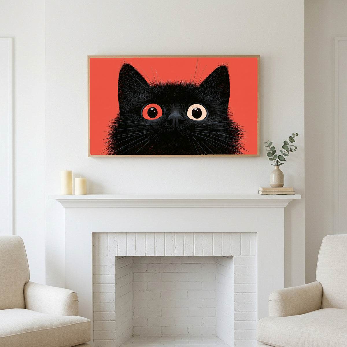 Frame TV art above a white fireplace with candles and eucalyptus on the mantel