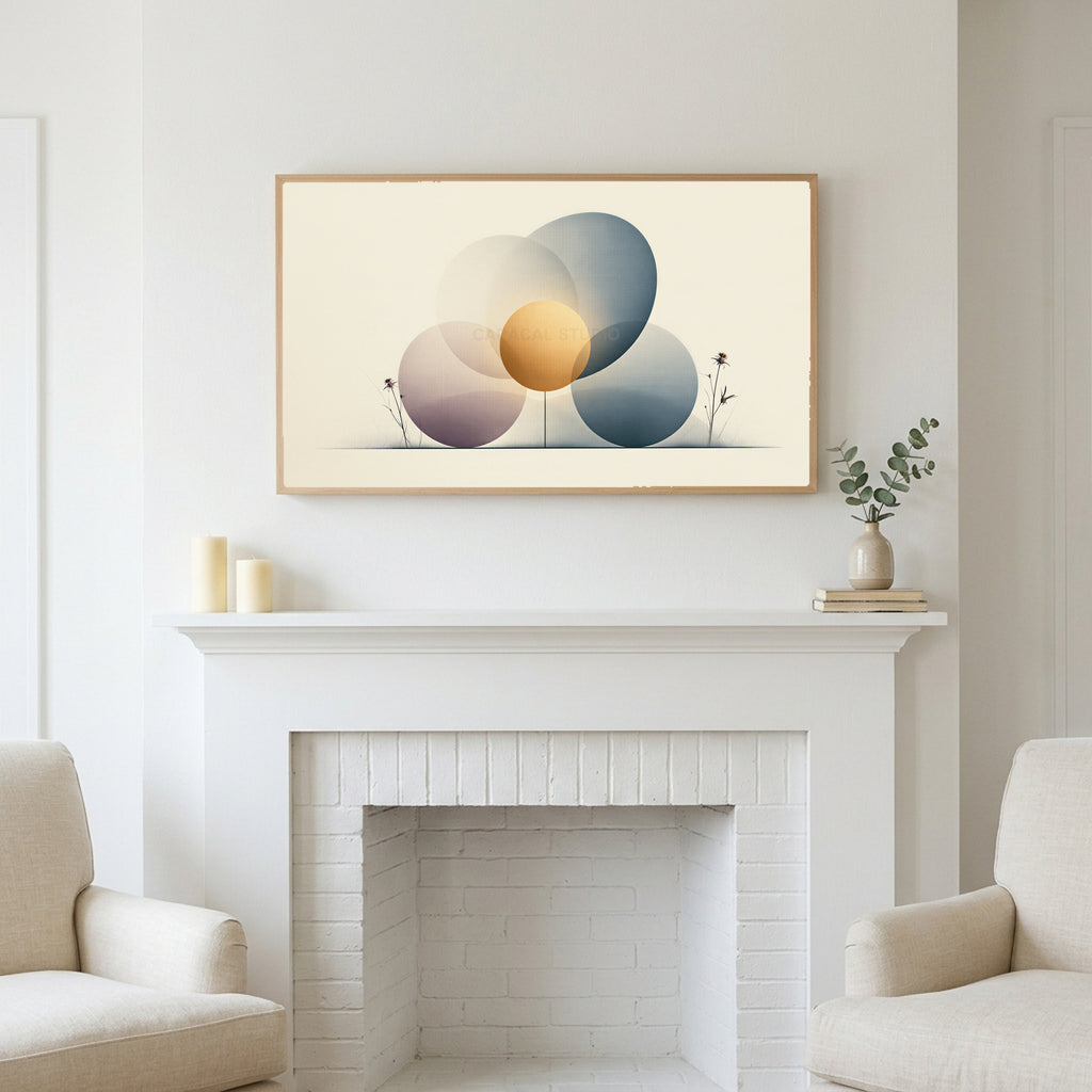 Abstract circles art above a white fireplace with candles and eucalyptus on the mantel