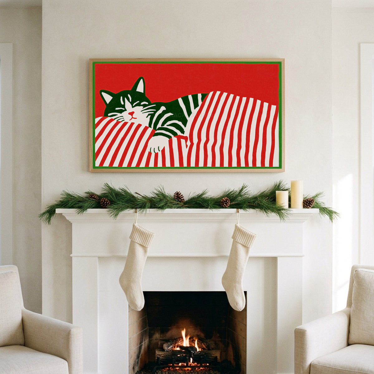 Sleeping cat and candy cane stripes art on a TV above a white fireplace with a pine garland and cream stockings