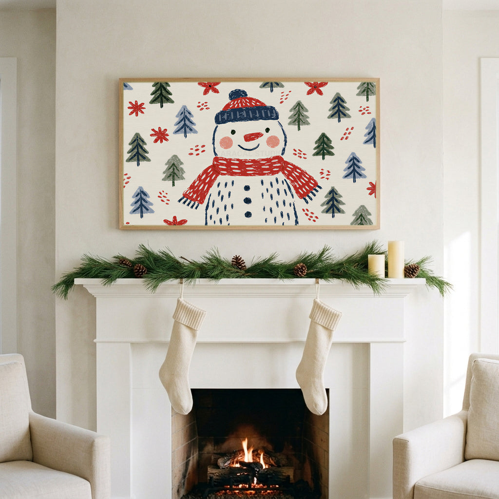 Snowman art on a TV above a white fireplace with a pine garland and cream stockings