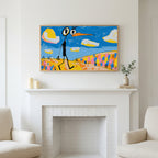 Funny alien bird art above a white fireplace with candles and eucalyptus on the mantel