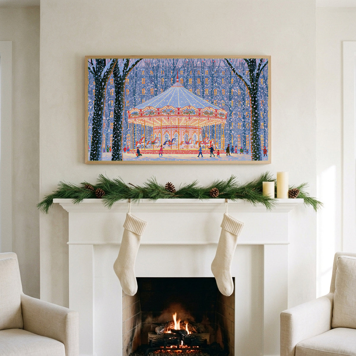 Snowy carousel art on a TV above a white fireplace with a pine garland and cream stockings