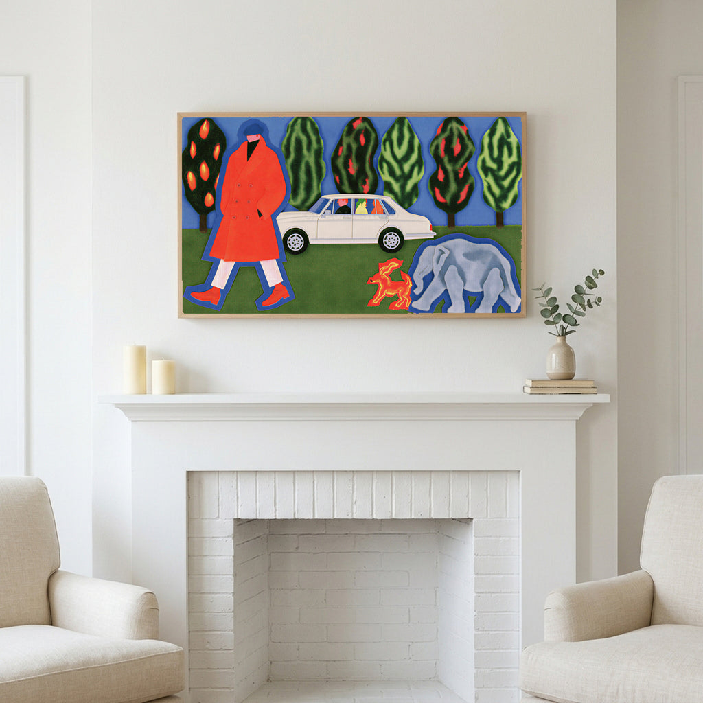 Surreal red coat collage art above a white fireplace with candles and eucalyptus on the mantel