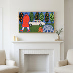 Surreal red coat collage art above a white fireplace with candles and eucalyptus on the mantel