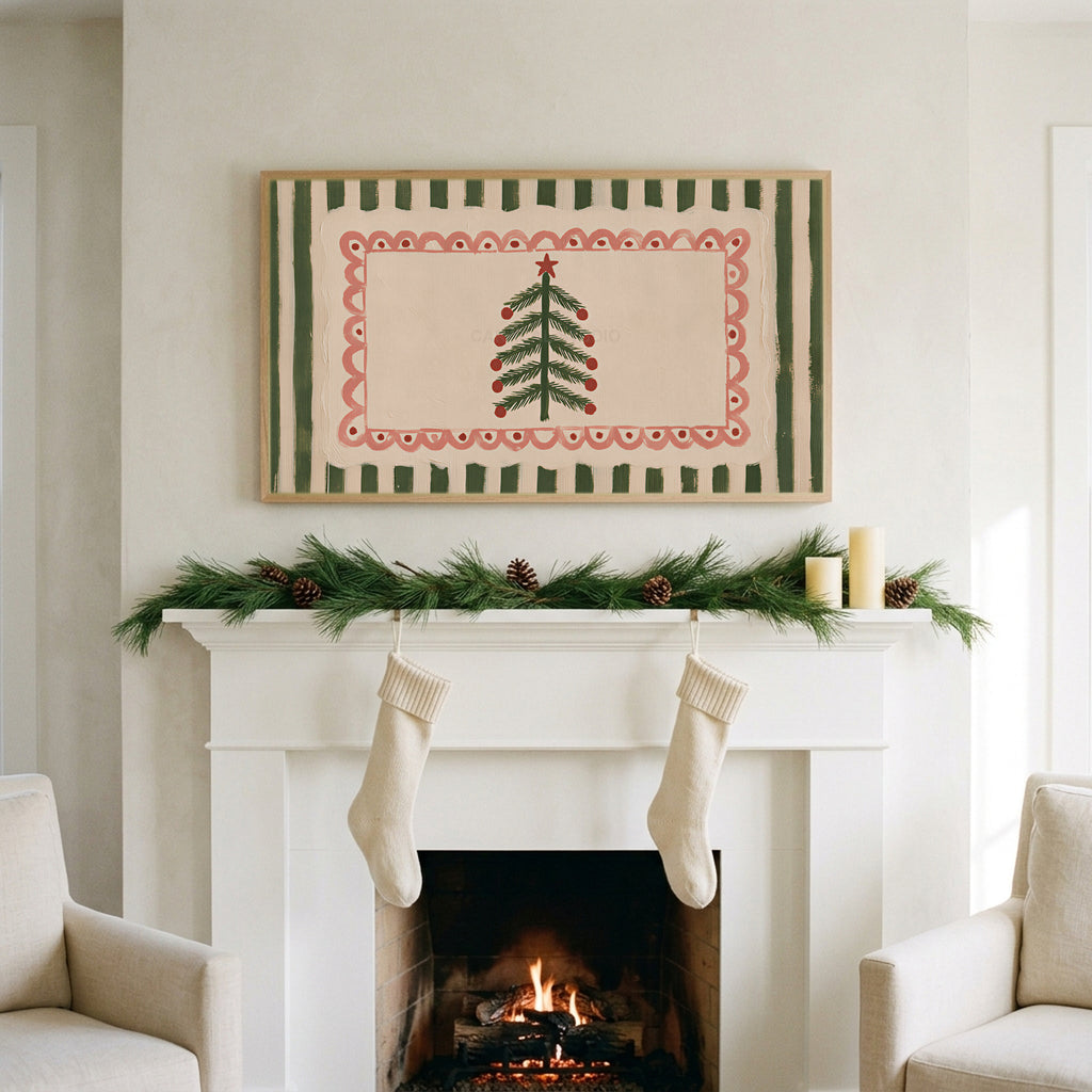 Folk Christmas tree art on a TV above a white fireplace with a pine garland and cream stockings