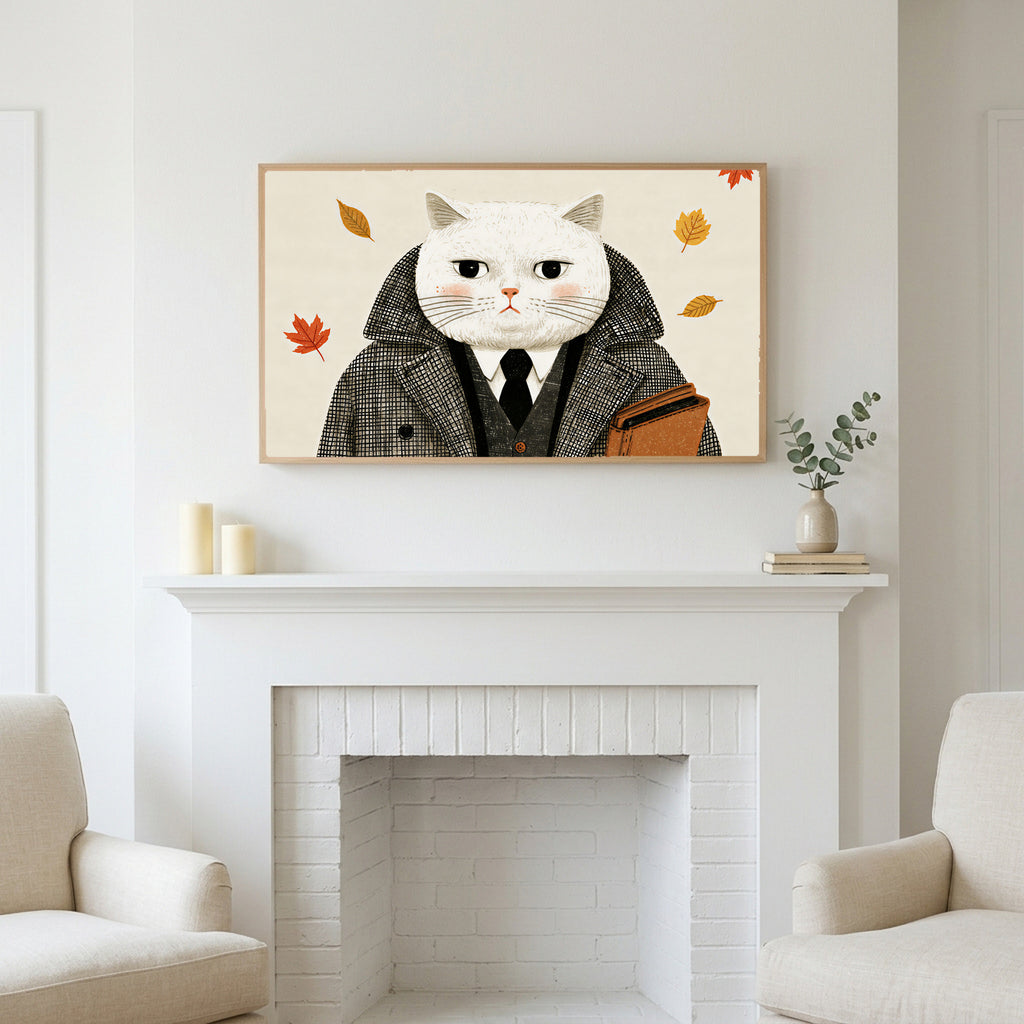 Gentleman cat art above a white fireplace with candles and eucalyptus on the mantel