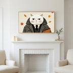 Gentleman cat art above a white fireplace with candles and eucalyptus on the mantel