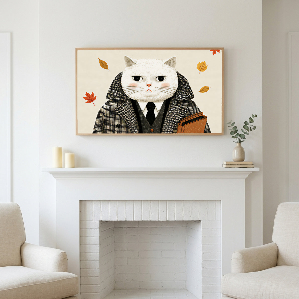 Gentleman cat art above a white fireplace with candles and eucalyptus on the mantel